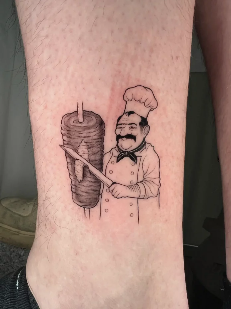 Tattoo: Döner spieß und Mann auf dem Knöchel