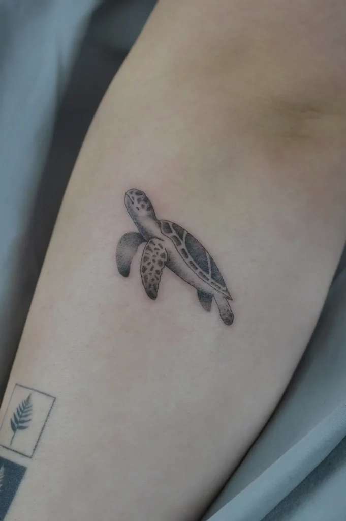 Schildkröten Tattoo auf dem Unterarm mit der Technik Handpoke